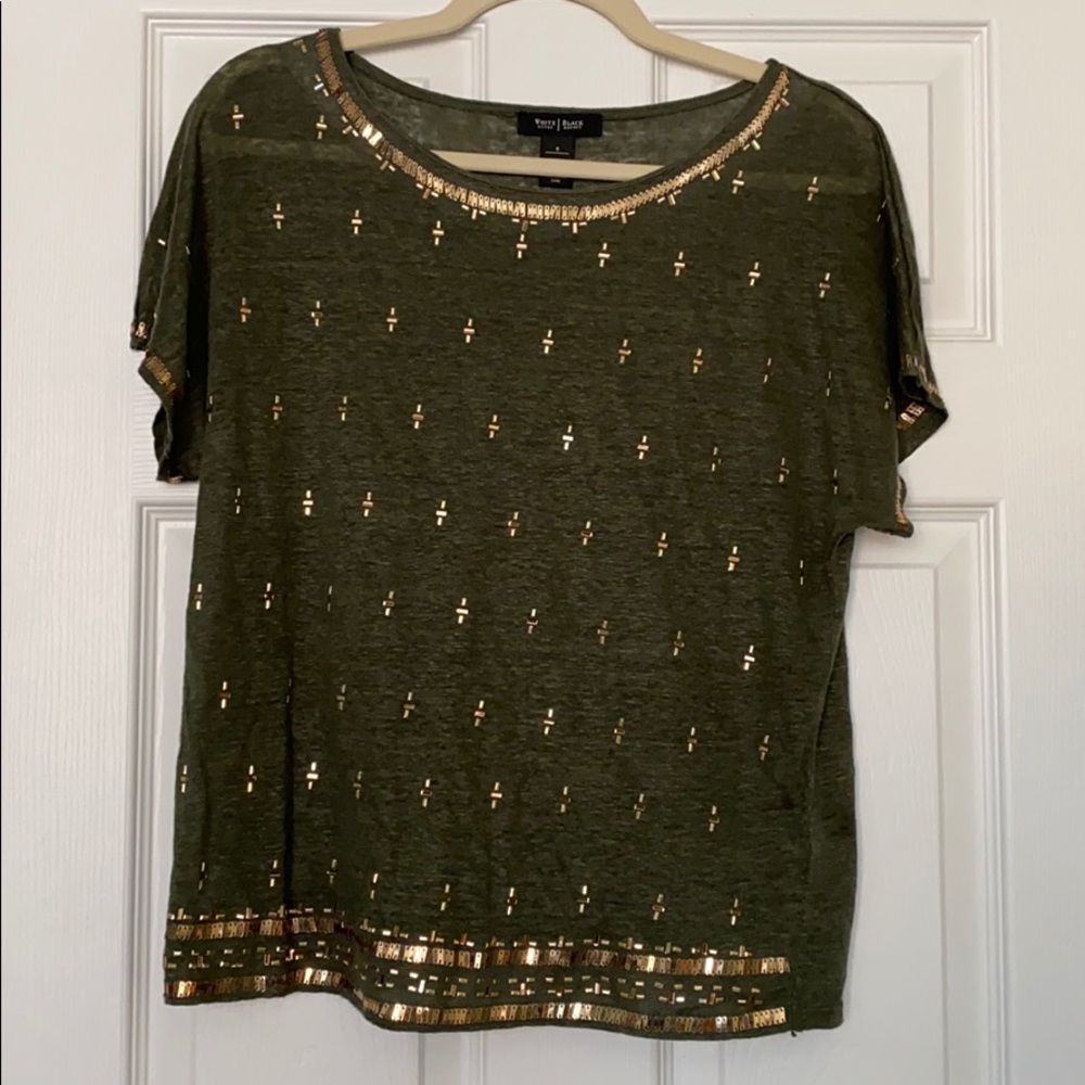 White House Black Market Green with gold Shirt